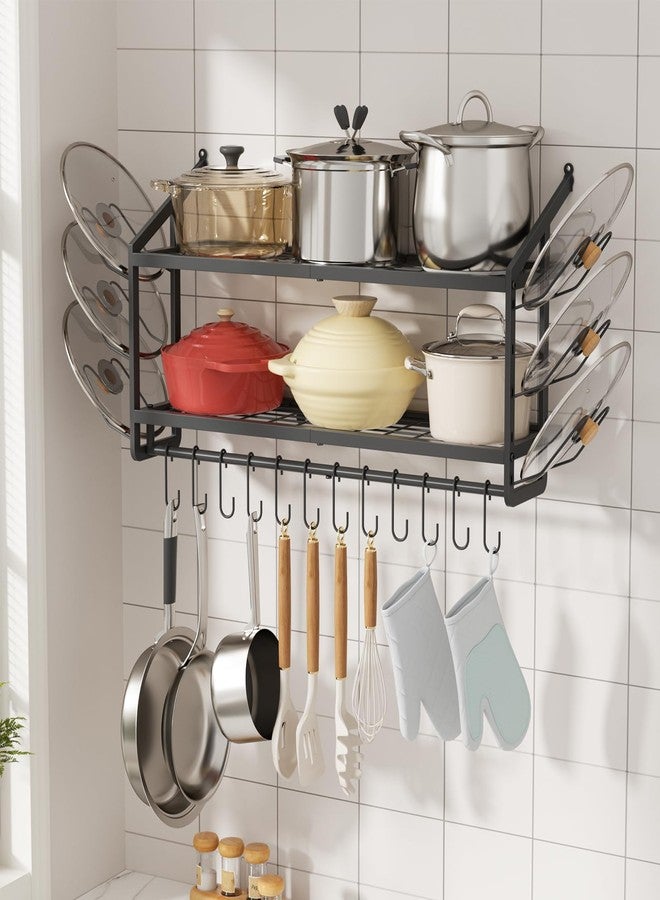 VOPEAK 30" Pot Rack Wall Mounted with 6 Detachable Pot Lid Holders,12 Adjustable S Hooks for Hanging Pans,2 Tier Black Heavy Duty Metal Shelves for pots and pans Organizer,200lbs Capcity,Space Saving - Image 1